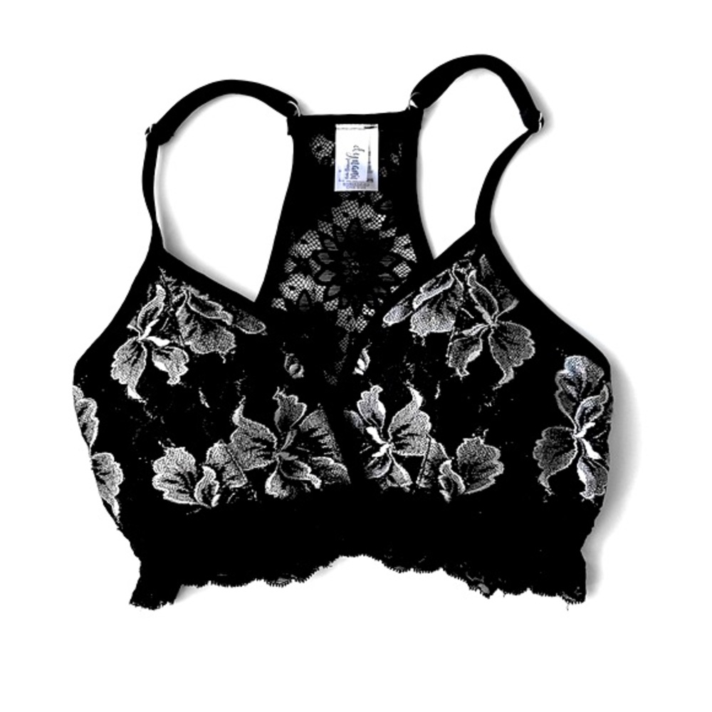 Black Floral Lace Padded Racerback Bralette One Size